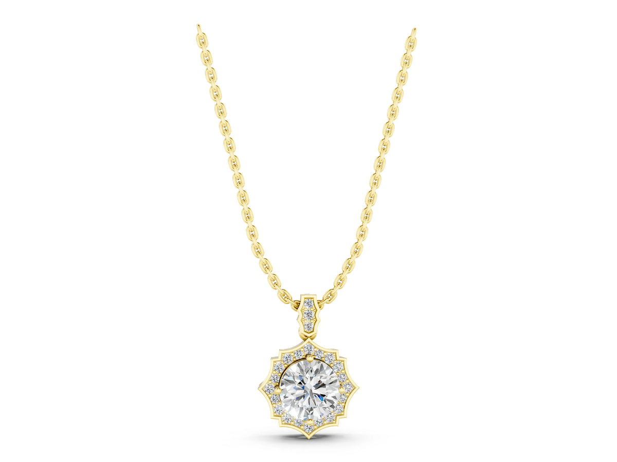 Yellow gold Round Diamond Halo Pendant with Milgrain Prong Setting_1