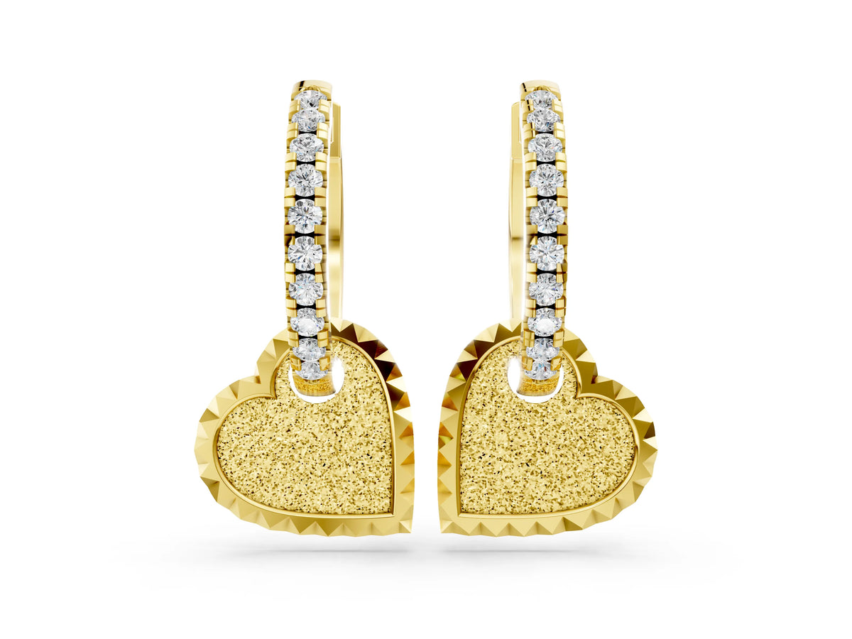Yellow gold Round Diamond Heart Charm Huggie Hoop Earrings