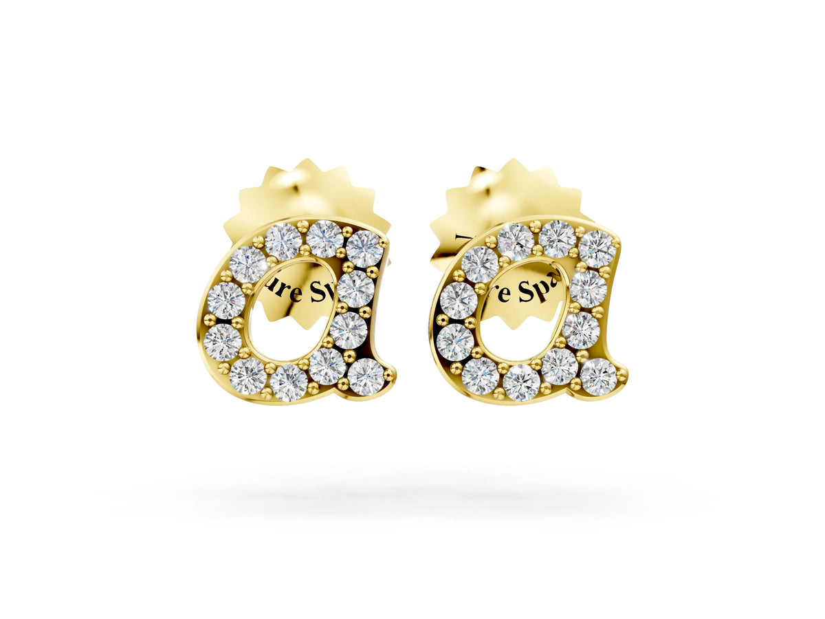 Yellow gold Round Diamond Initial A Stud Earrings