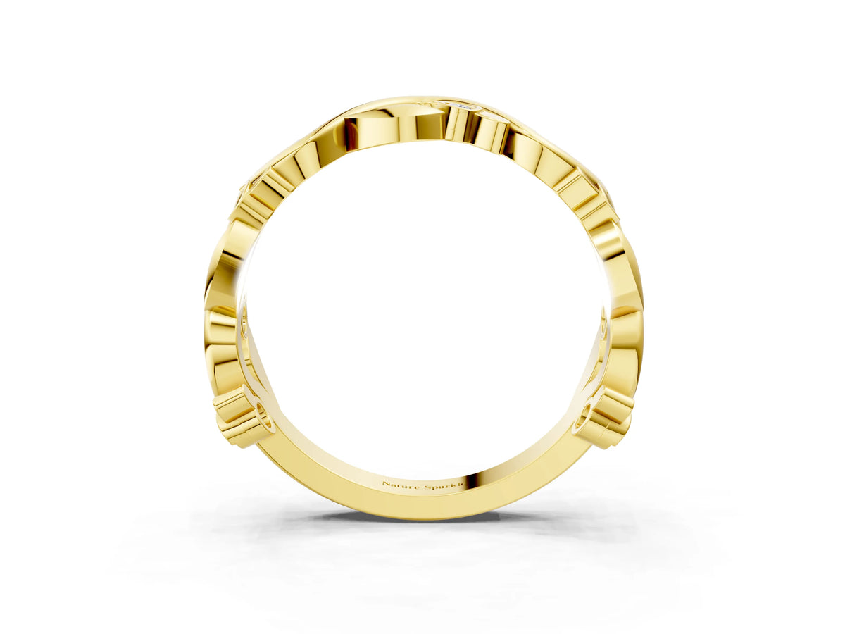 Yellow gold Round Diamond Leaf Eternity Band with Bezel Setting_3