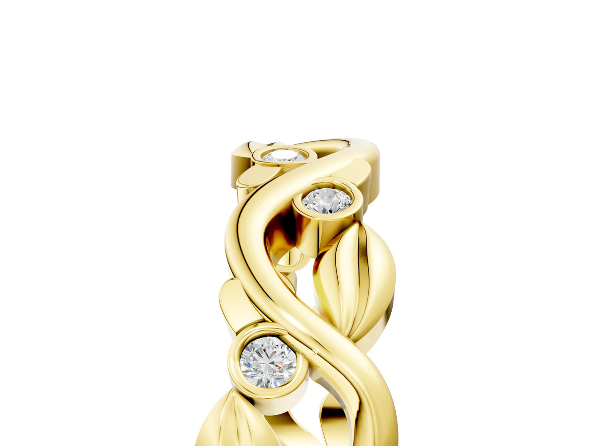 Yellow gold Round Diamond Leaf Eternity Band with Bezel Setting_5