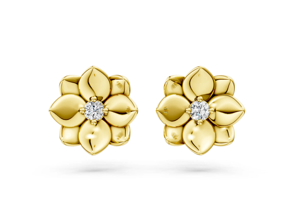 Yellow gold Round Diamond Magnolia Floral Stud Earrings