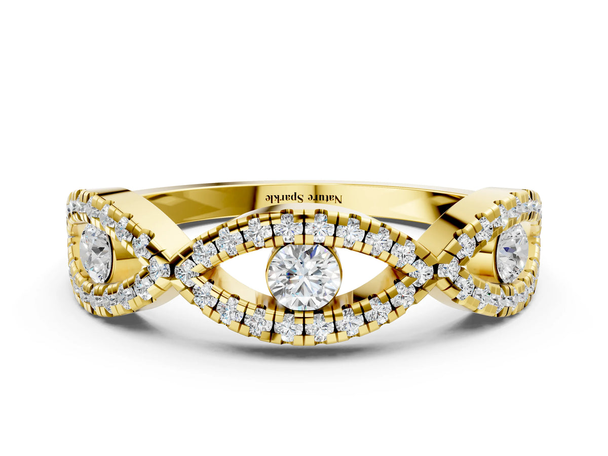 Yellow gold Round Diamond Marquise Halo Twist Band with Pavé Setting