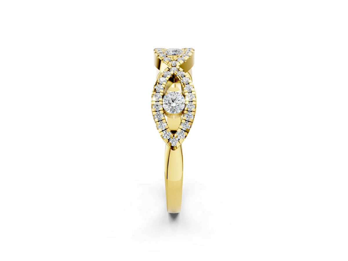 Yellow gold Round Diamond Marquise Halo Twist Band with Pavé Setting_2