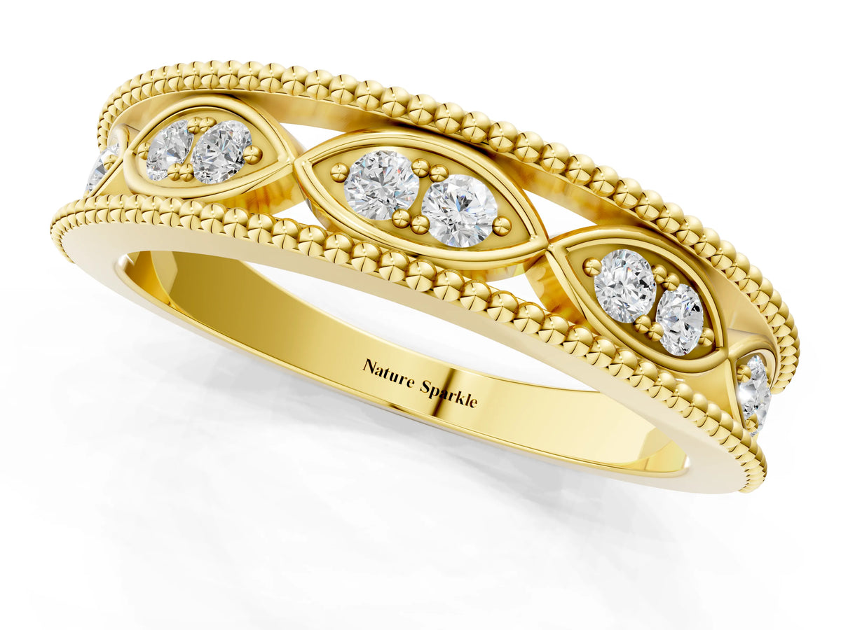 Yellow gold Round Diamond Marquise Milgrain Two-Tone Prong Set Band_1