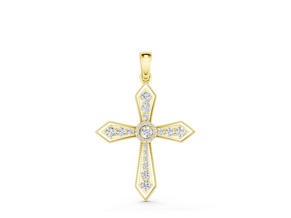 Yellow gold Round Diamond Milgrain Cross Pendant with Bezel Setting