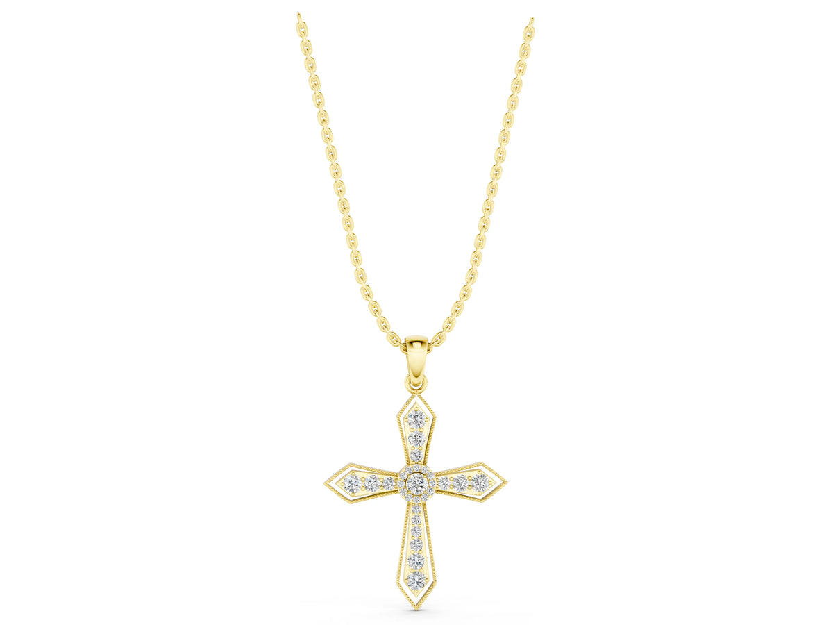Yellow gold Round Diamond Milgrain Cross Pendant with Bezel Setting_1