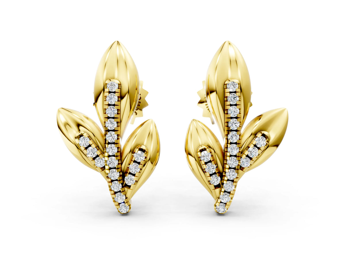 Yellow gold Round Diamond Olive Branch Stud Earrings
