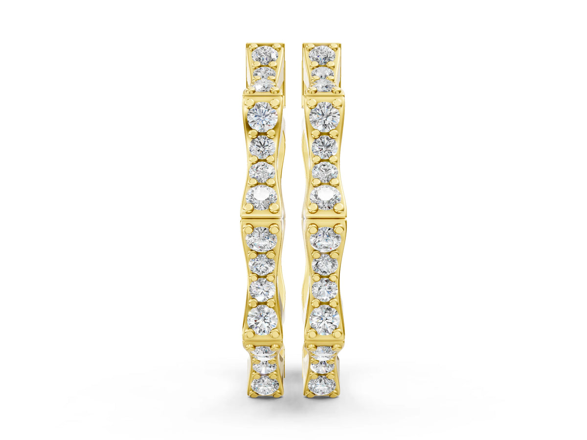 Yellow gold Round Diamond Pavé Bamboo Hoop Earrings with Four-Prong Setting