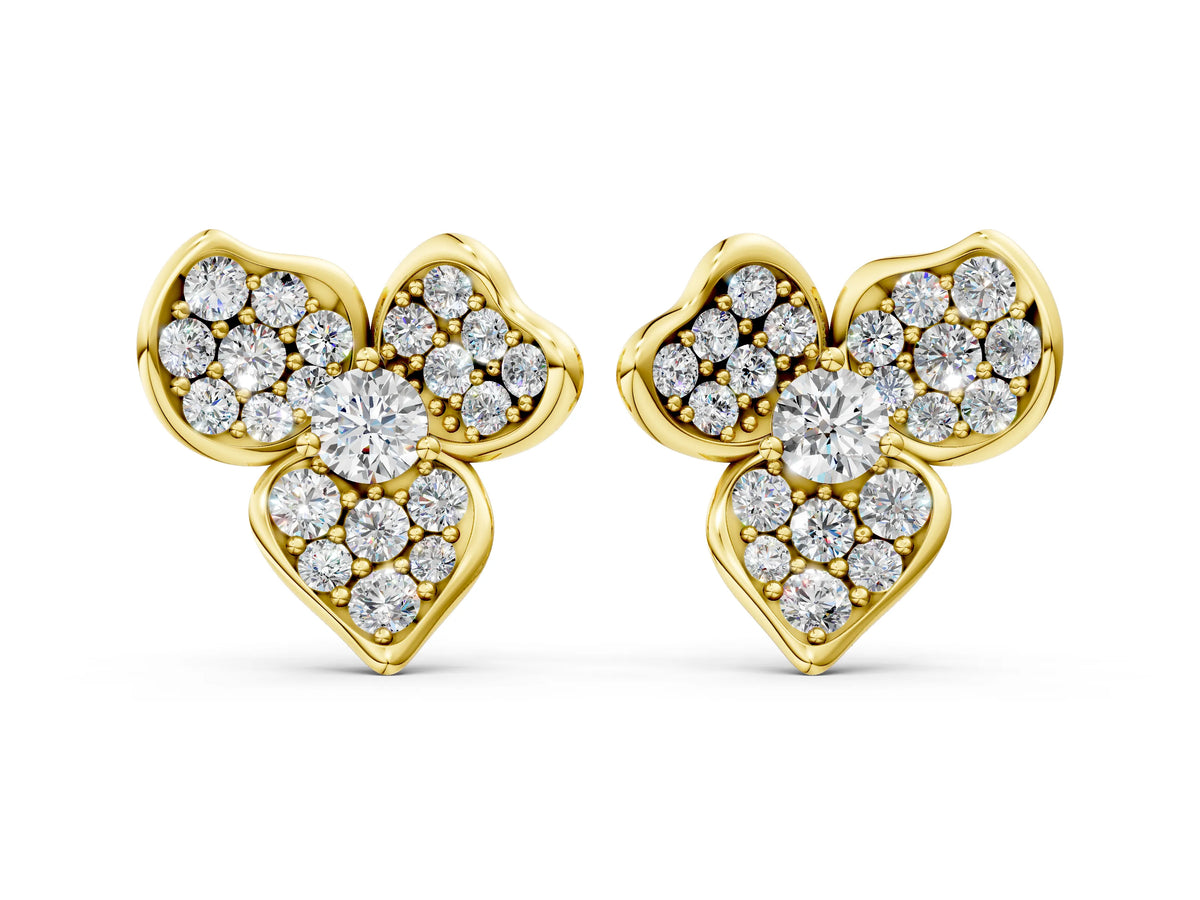Yellow gold Round Diamond Pavé Flower Stud Earrings