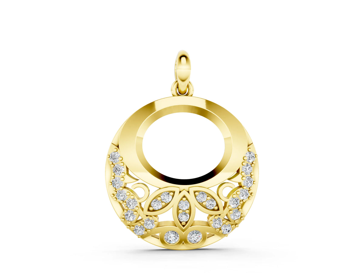 Yellow gold Round Diamond Pavé Leaf Filigree Pendant