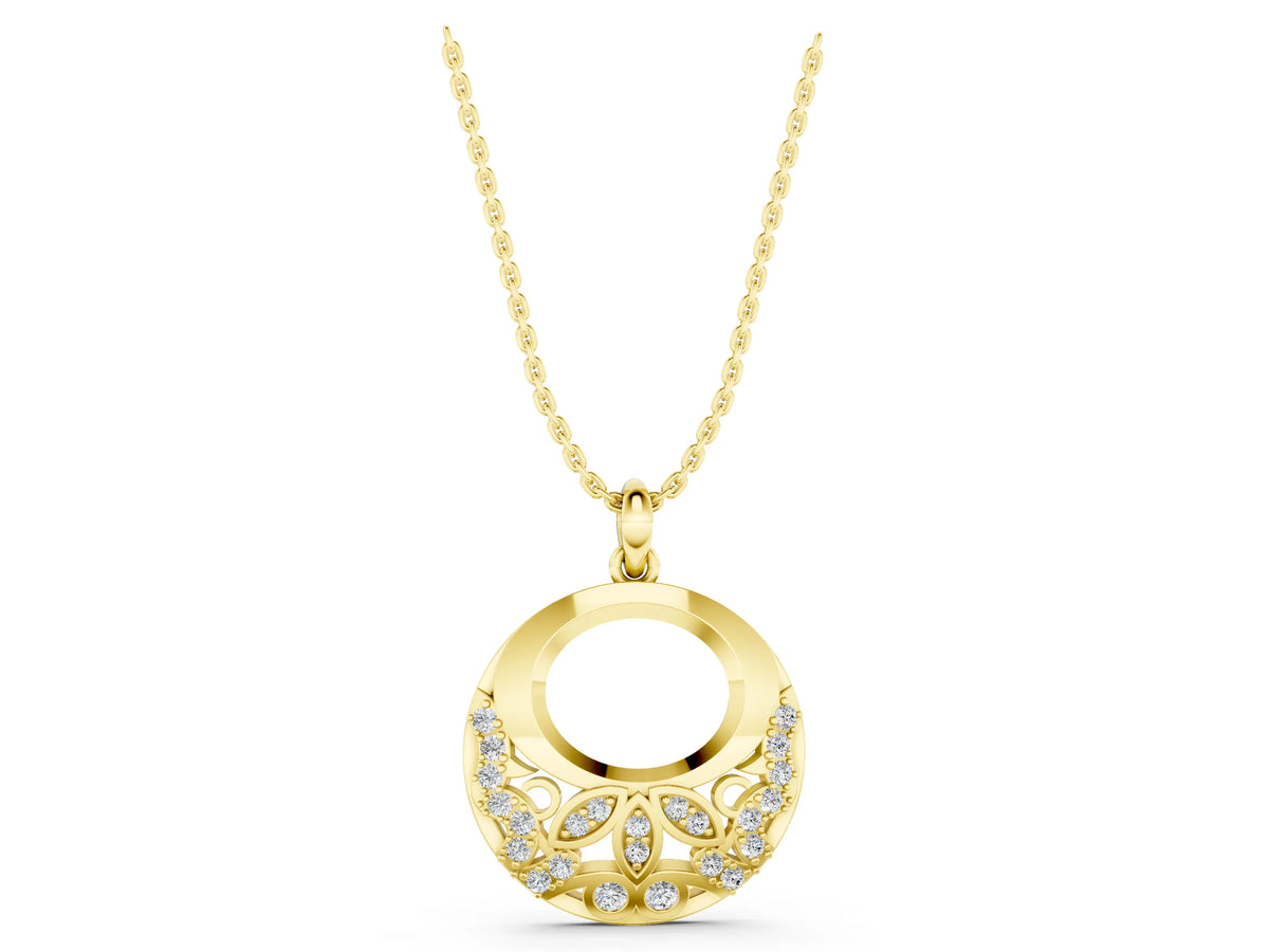 Yellow gold Round Diamond Pavé Leaf Filigree Pendant_1