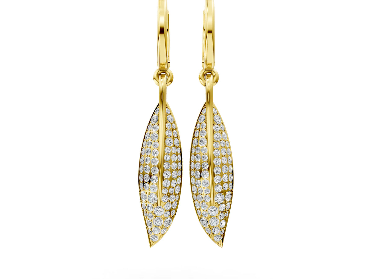 Yellow gold Round Diamond Pavé Leaf Huggie Drop Earrings