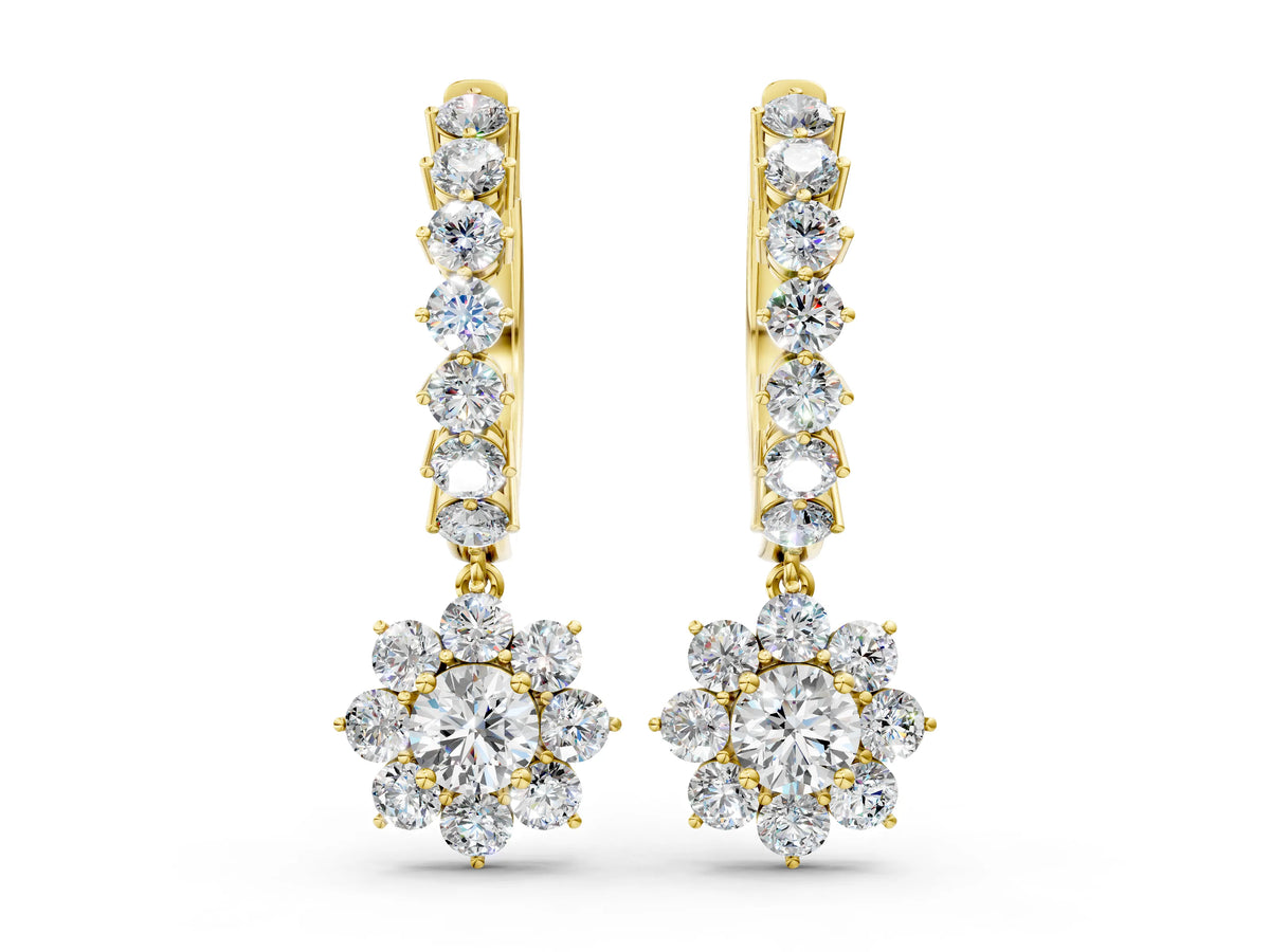 Yellow gold Round Diamond Petite Hoop Earrings with Sunflower Drop