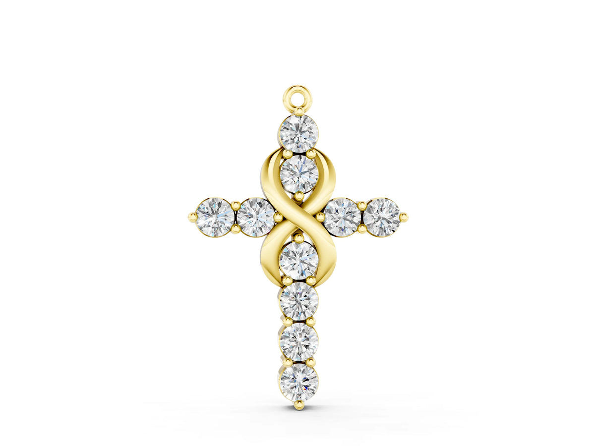 Yellow gold Round Diamond Prong Set Infinity Cross Pendant