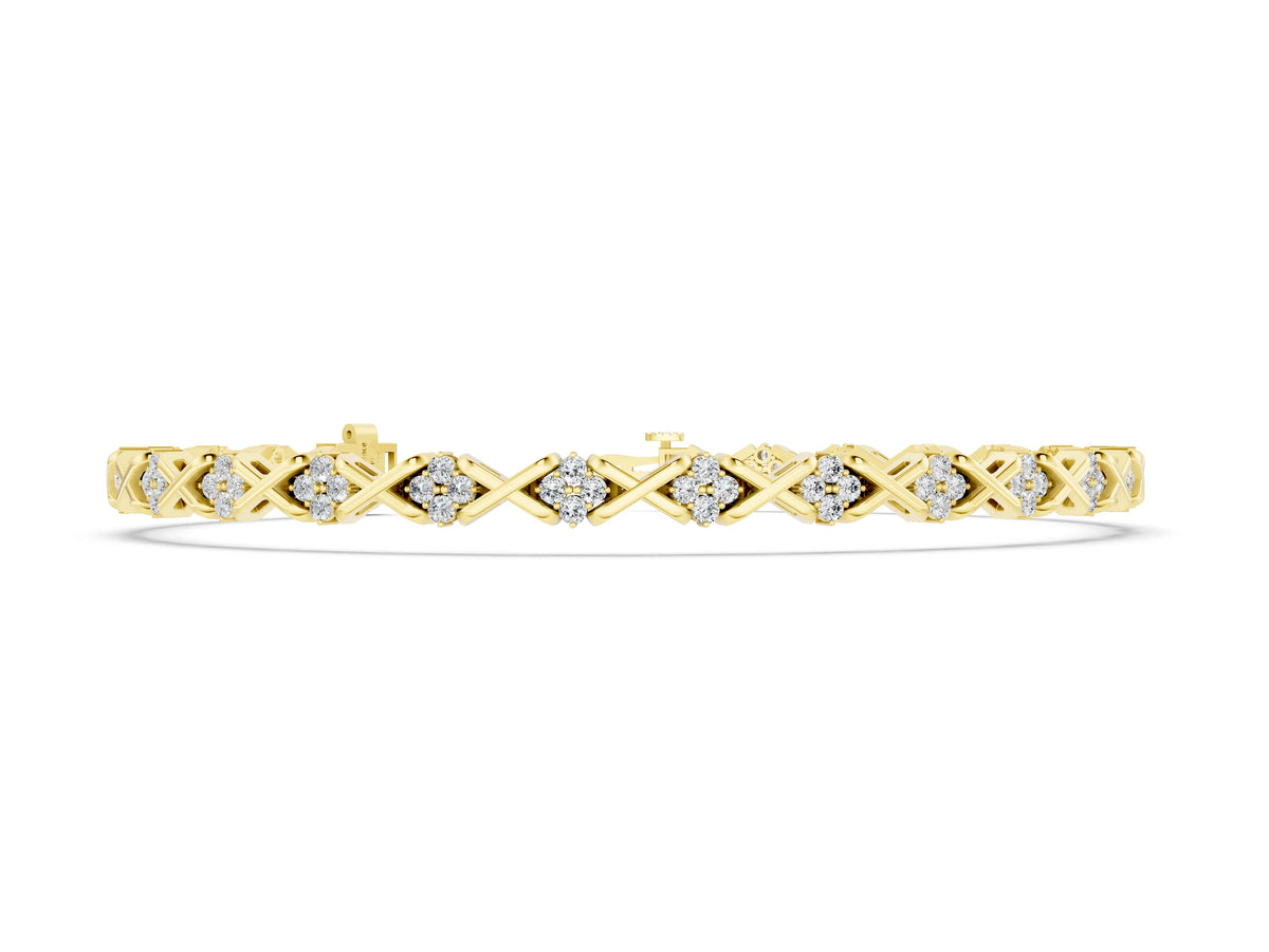 Yellow gold Round Diamond Prong Set Tennis Bracelet with X-Link Band