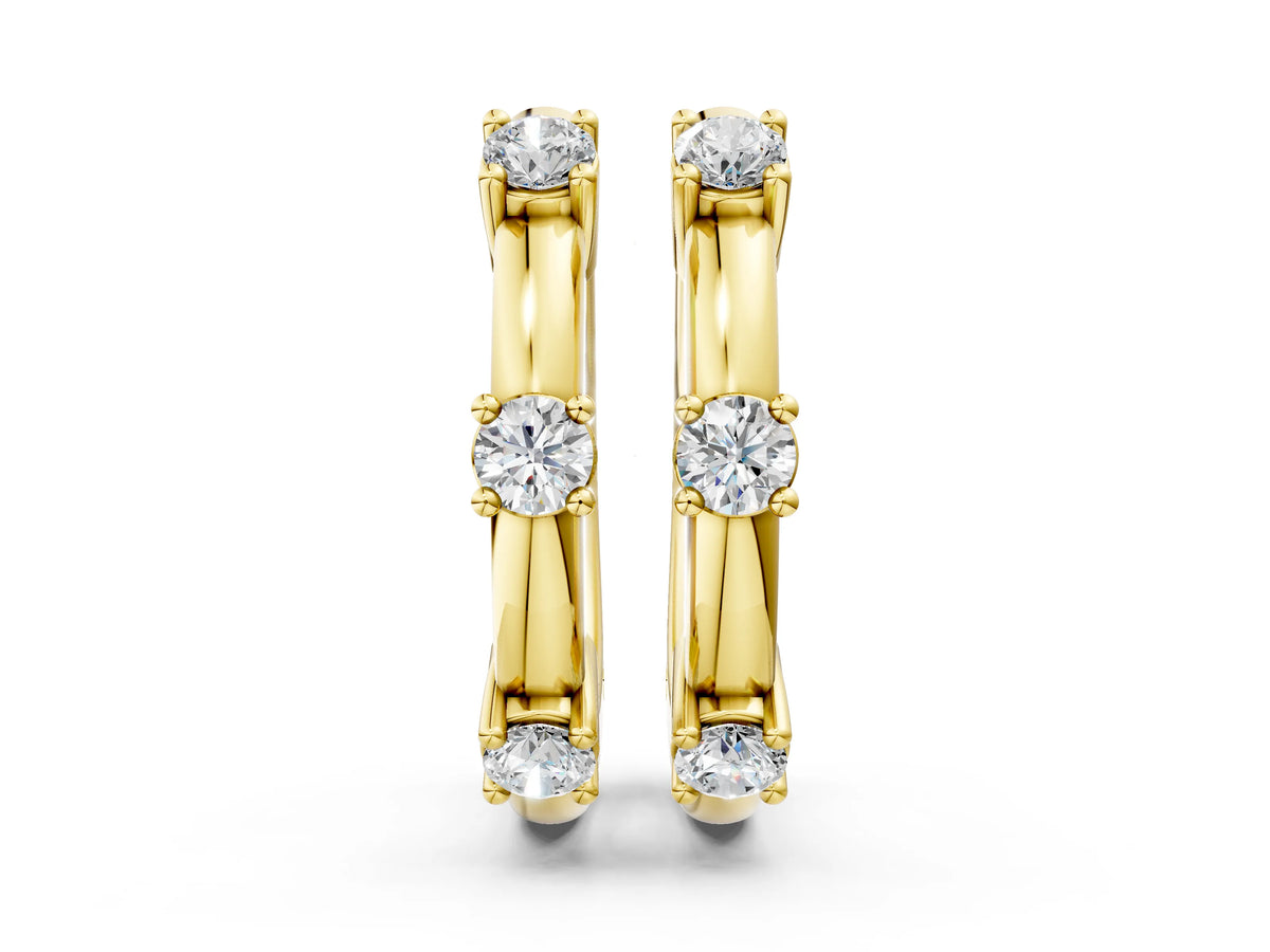 Yellow gold Round Diamond Station Huggie Hoop Earrings