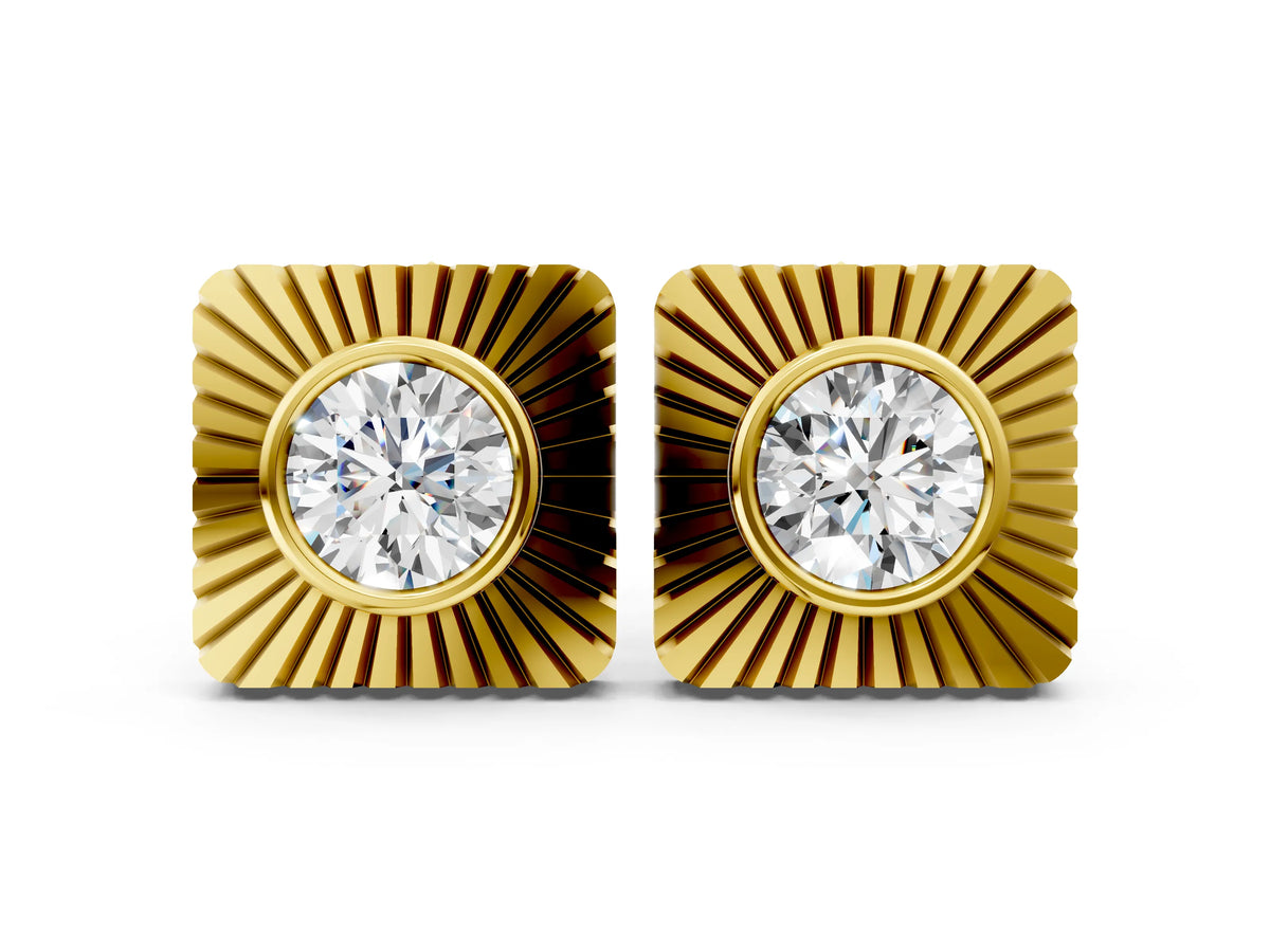 Yellow gold Round Diamond Sunburst Square Stud Earrings