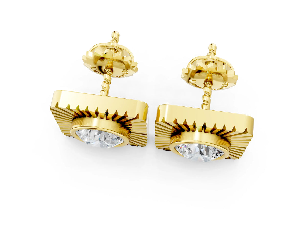 Yellow gold Round Diamond Sunburst Square Stud Earrings_1