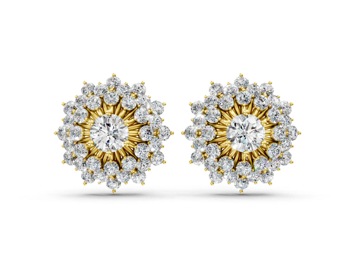 Yellow gold Round Diamond Sunburst Stud Earrings