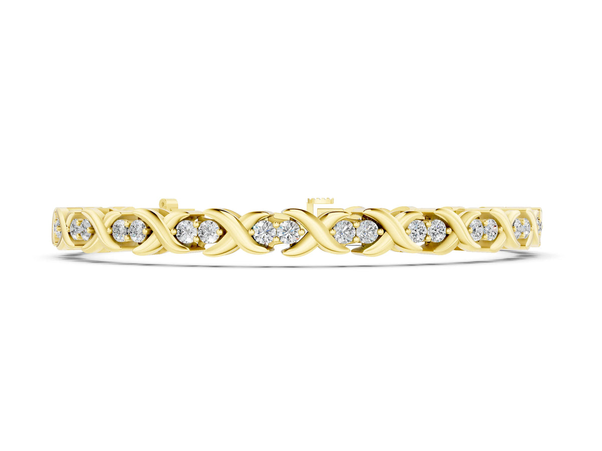 Yellow gold Round Diamond Tennis Bracelet with X-Link Band and Prong Setting