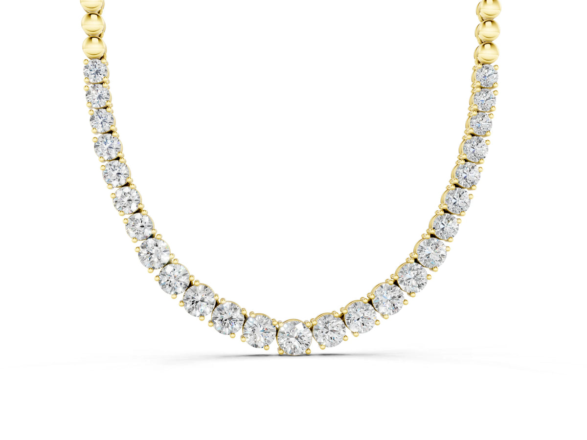 Yellow gold Round Diamond Tennis Necklace with Prong Setting and Bead Chain