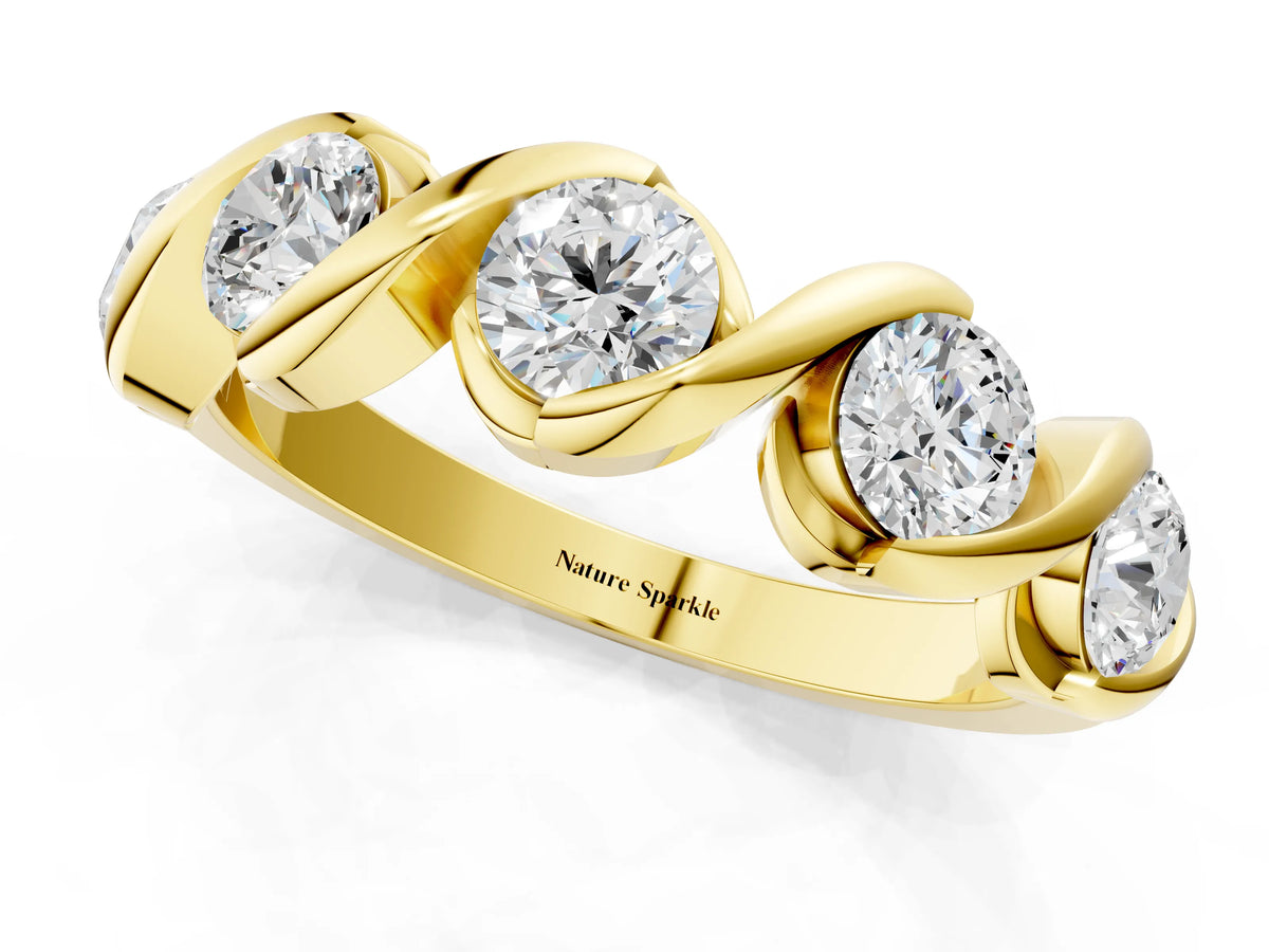 Yellow gold Round Diamond Wave Band with Channel Setting and Shared Prongs_1