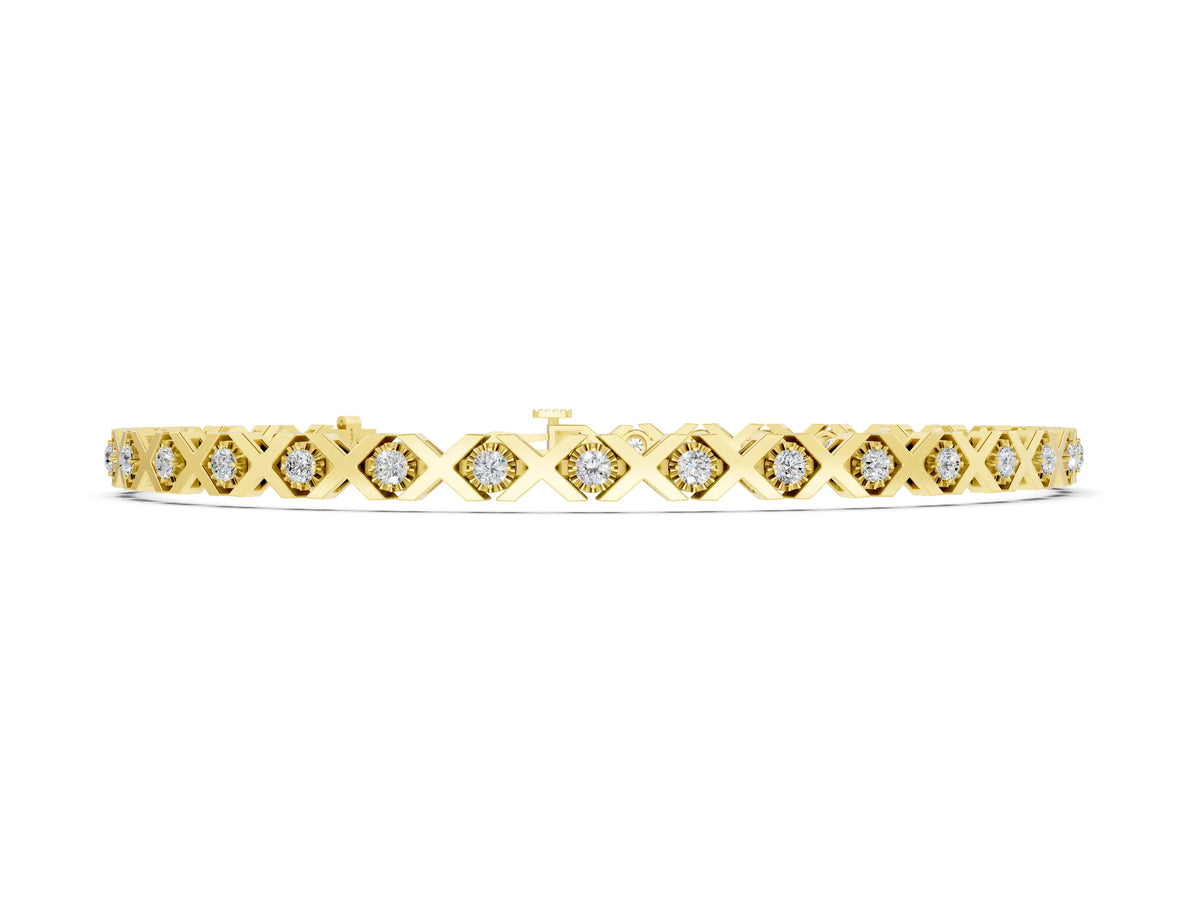 Yellow gold Round Diamond XO Tennis Bracelet with Channel Setting and X Prong