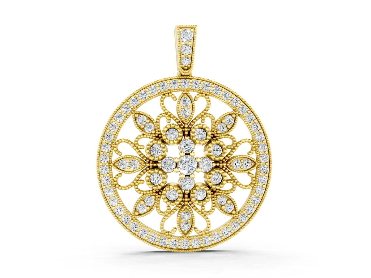 Yellow gold Round Pavé Diamond Filigree Pendant