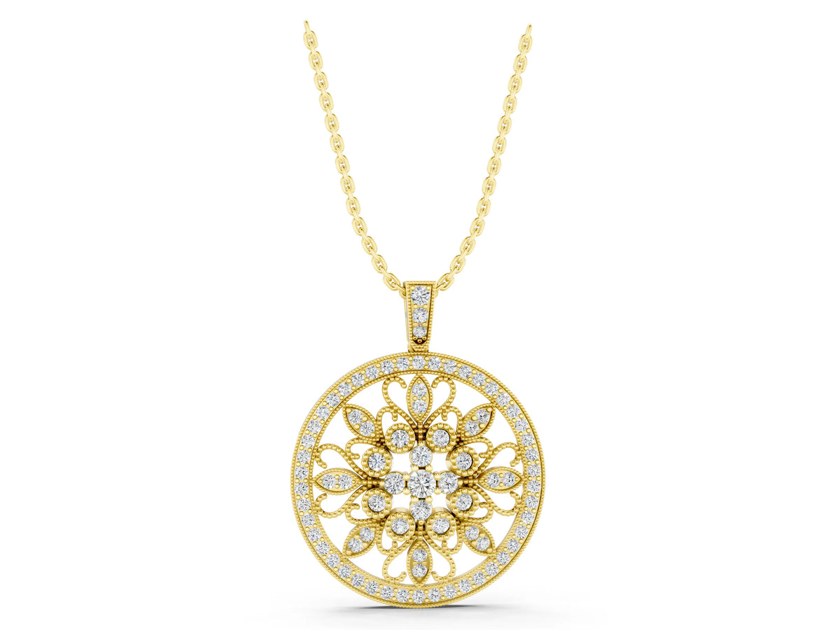 Yellow gold Round Pavé Diamond Filigree Pendant_1