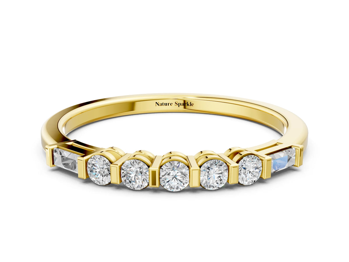 Yellow gold Round and Baguette Diamond Prong Set Half-Eternity Band
