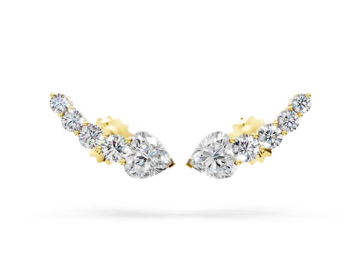 Yellow gold Round and Heart Diamond Petite Ear Climber Earrings