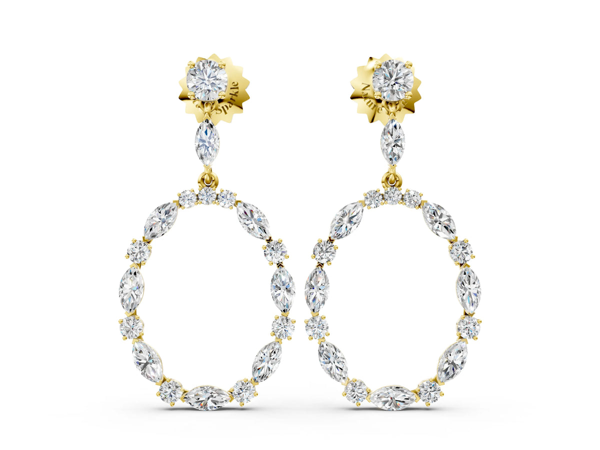 Yellow gold Round and Marquise Diamond Open Oval Drop Earrings