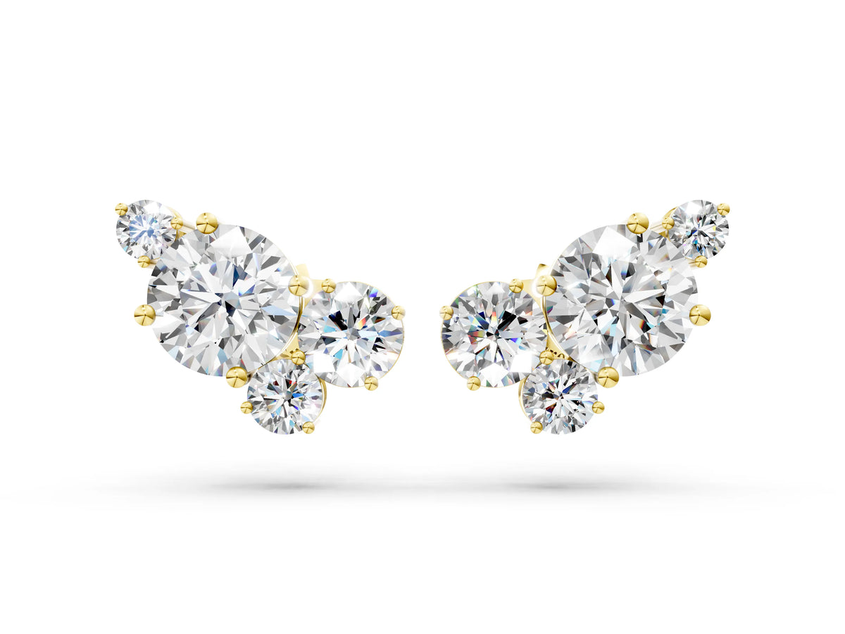 Yellow gold Round and Oval Diamond Hydrangea Bouquet Stud Earrings with Round Diamond Accents