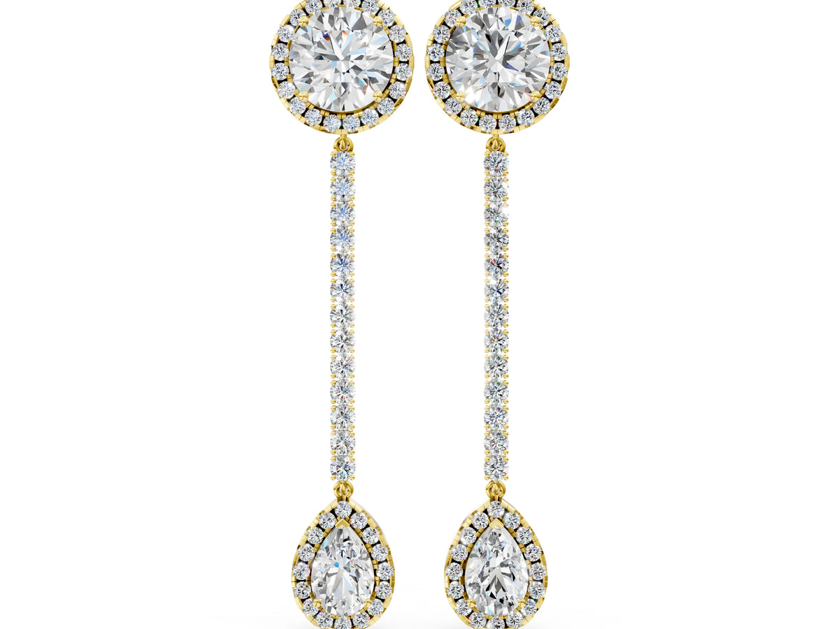 Yellow gold Round and Pear Diamond Halo Drop Earrings