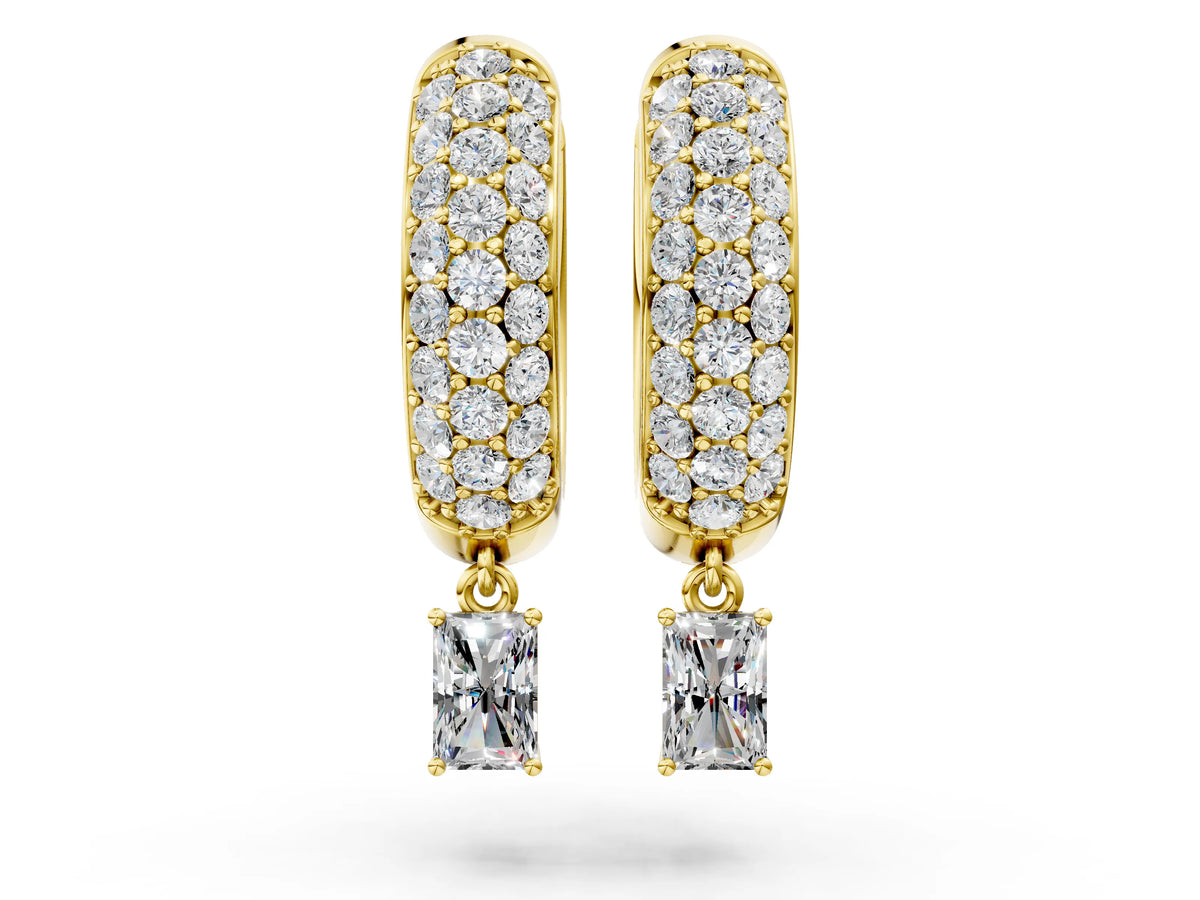 Yellow gold Round and Radiant Diamond Huggie Hoop Earrings