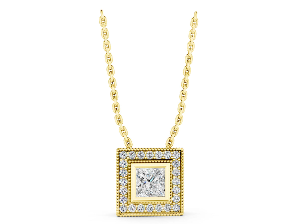 Yellow gold Square Halo Princess Cut Pendant with Bezel Setting_1