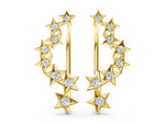 Yellow gold Star Cluster Diamond Crescent Earrings with Round Cut Stones on a Curved Band and Prong Setting