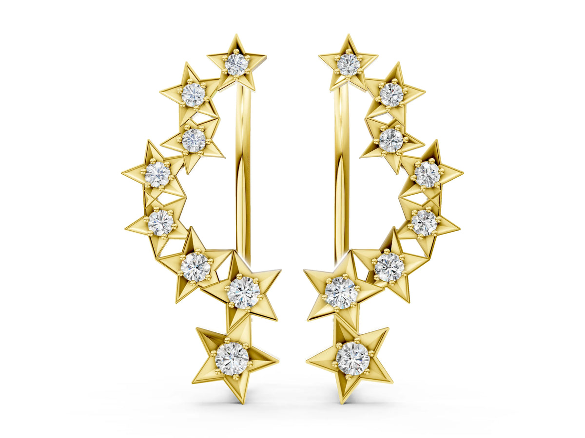 Yellow gold Star Cluster Diamond Crescent Earrings with Round Cut Stones on a Curved Band and Prong Setting