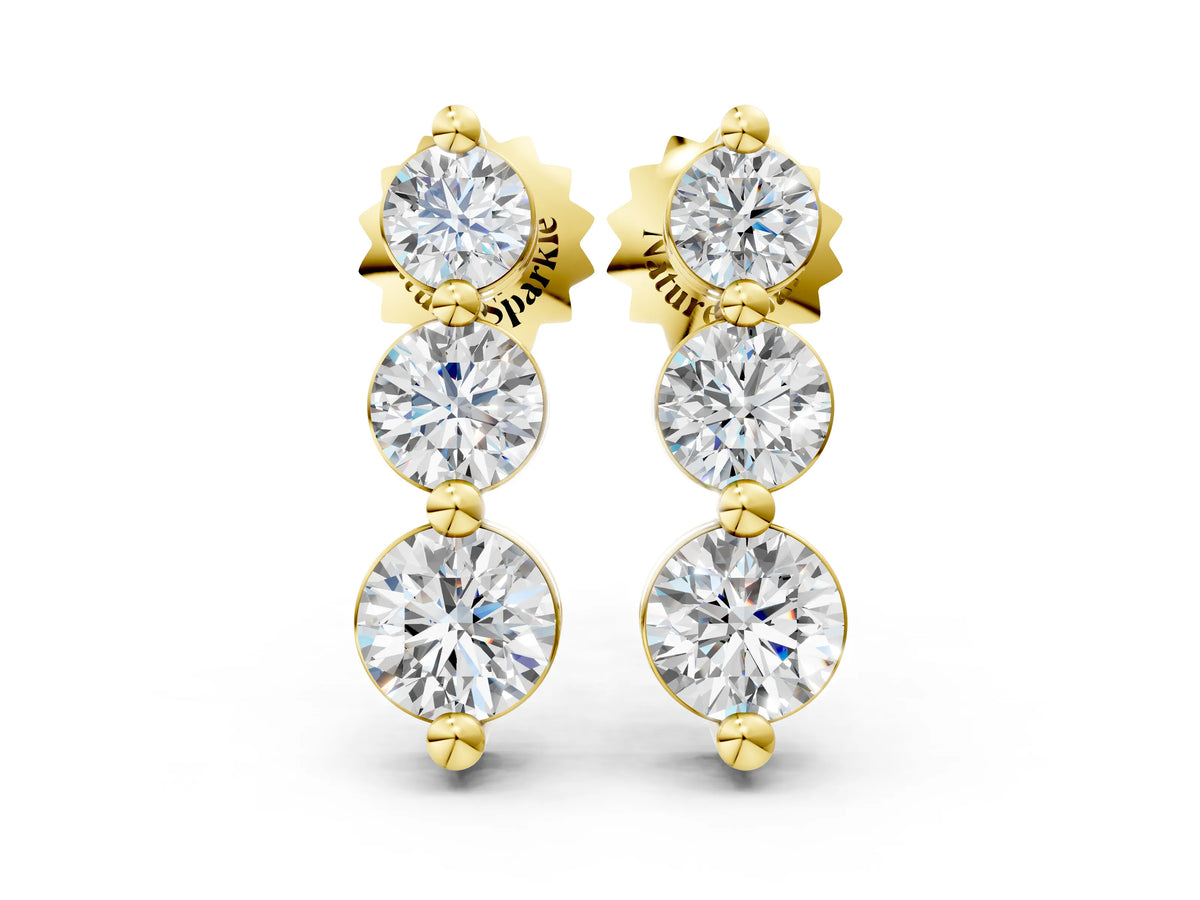 Yellow gold Three-Stone Round Diamond Drop Earrings with Prong Setting on White Gold