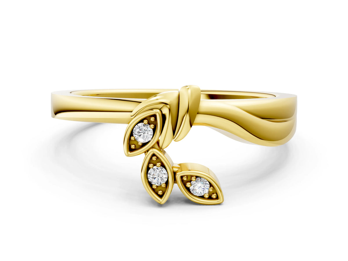 Yellow gold Three-Stone Round Diamond Leaf Bypass Ring with Bezel Setting