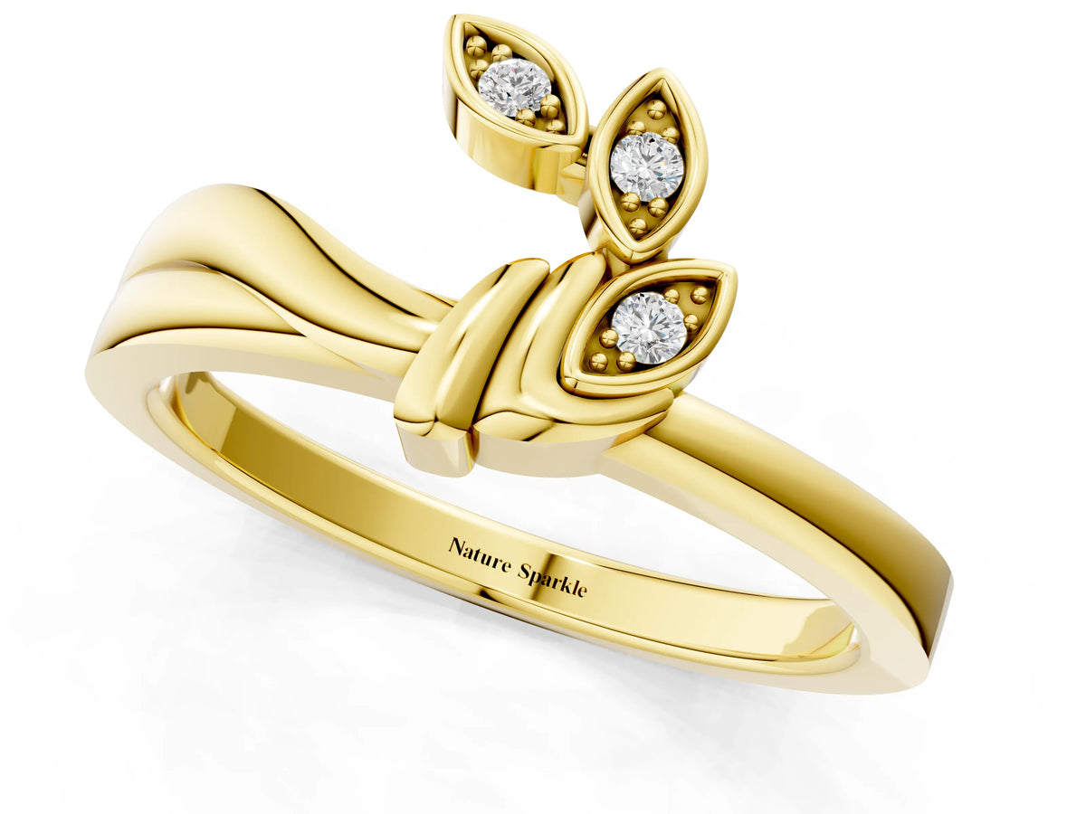 Yellow gold Three-Stone Round Diamond Leaf Bypass Ring with Bezel Setting_1