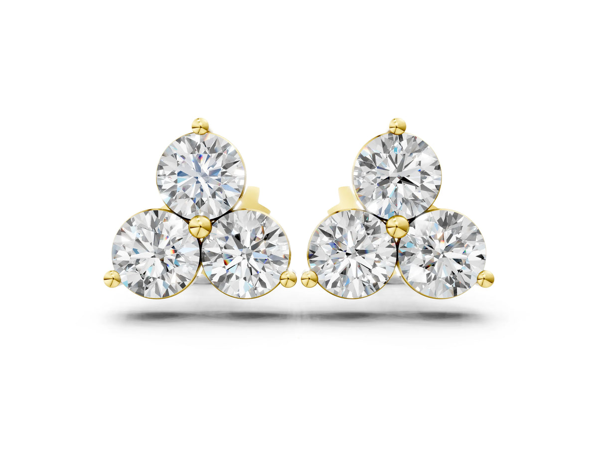Yellow gold Triangular Cluster Round Diamond Stud Earrings with Prong Setting