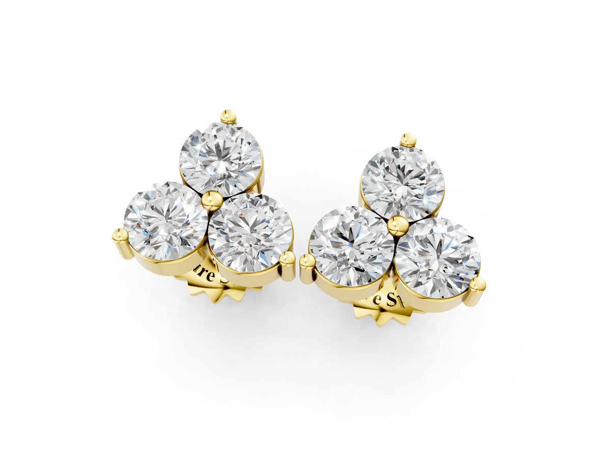 Yellow gold Triangular Cluster Round Diamond Stud Earrings with Prong Setting_1