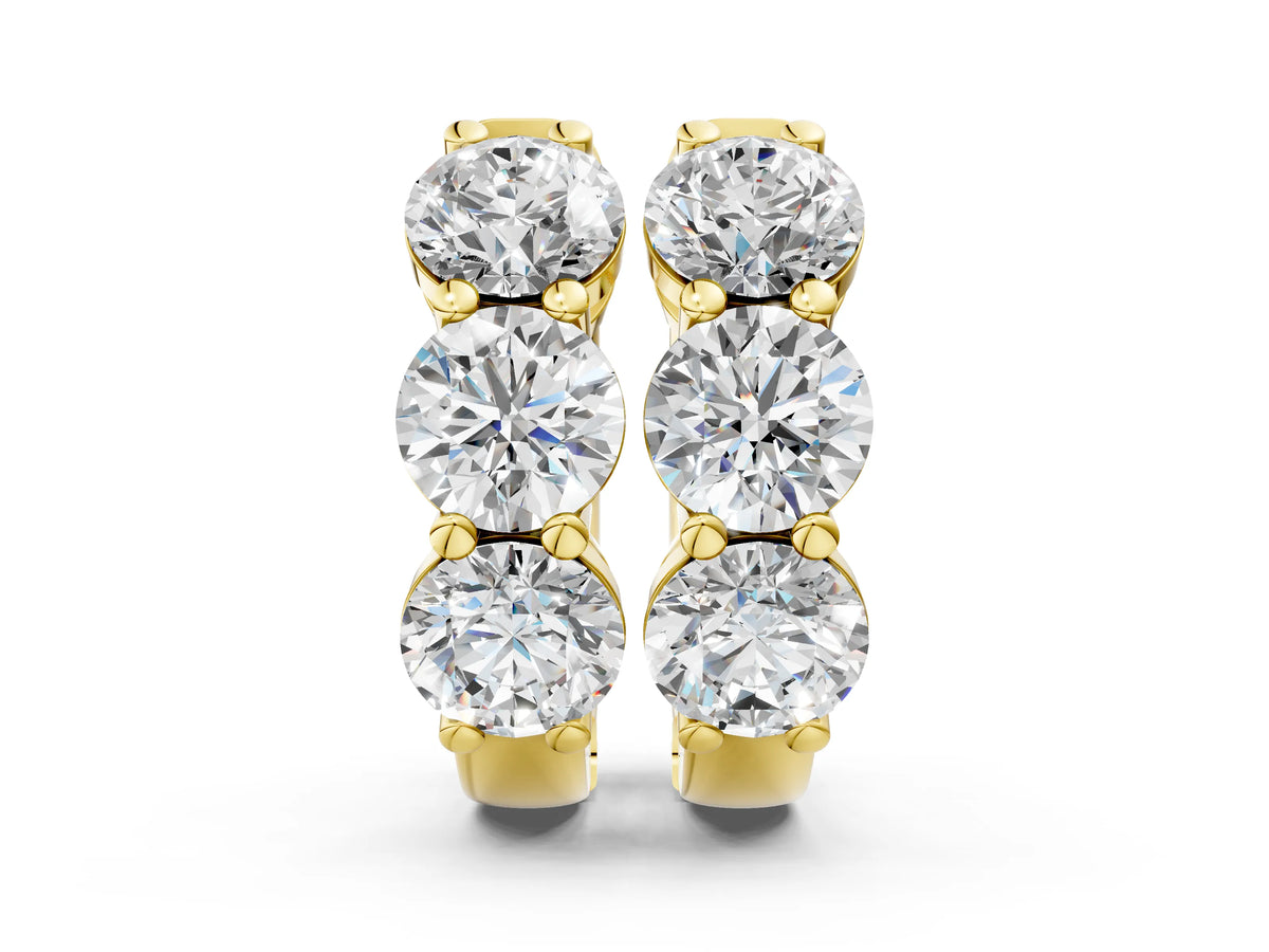 Yellow gold Triple Round Diamond Huggie Earrings with Prong Setting