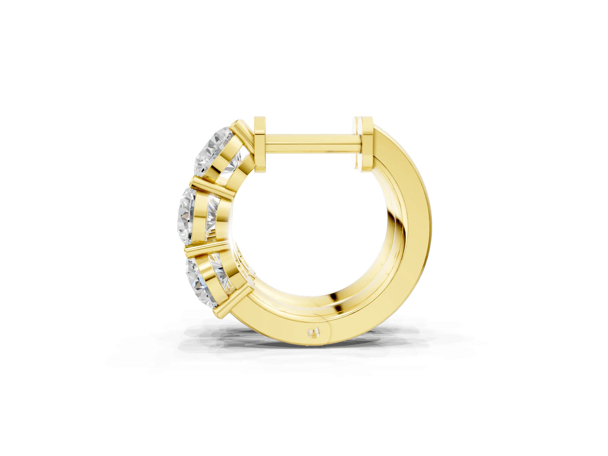 Yellow gold Triple Round Diamond Huggie Earrings with Prong Setting_1