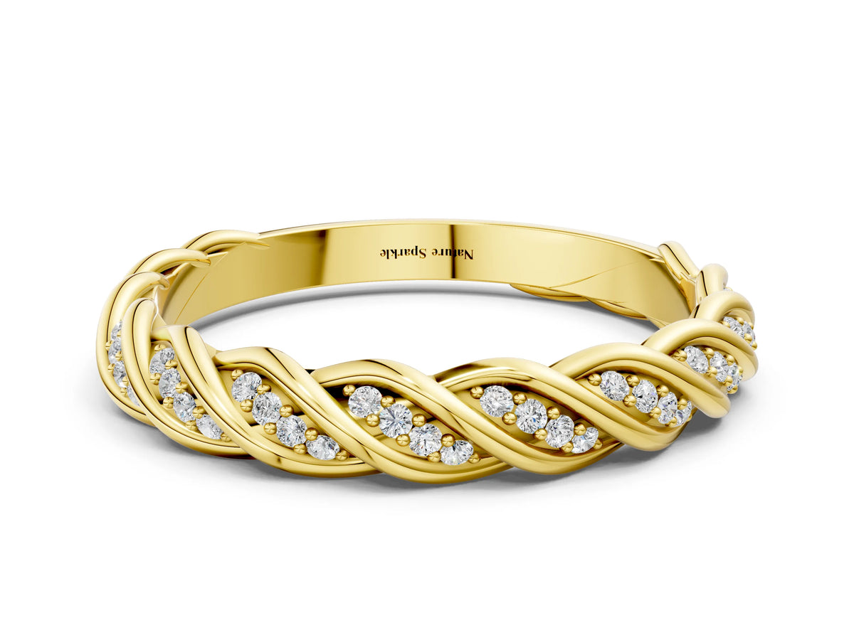 Yellow gold Twisted Pavé Round Diamond Eternity Band with Shared Prong Setting