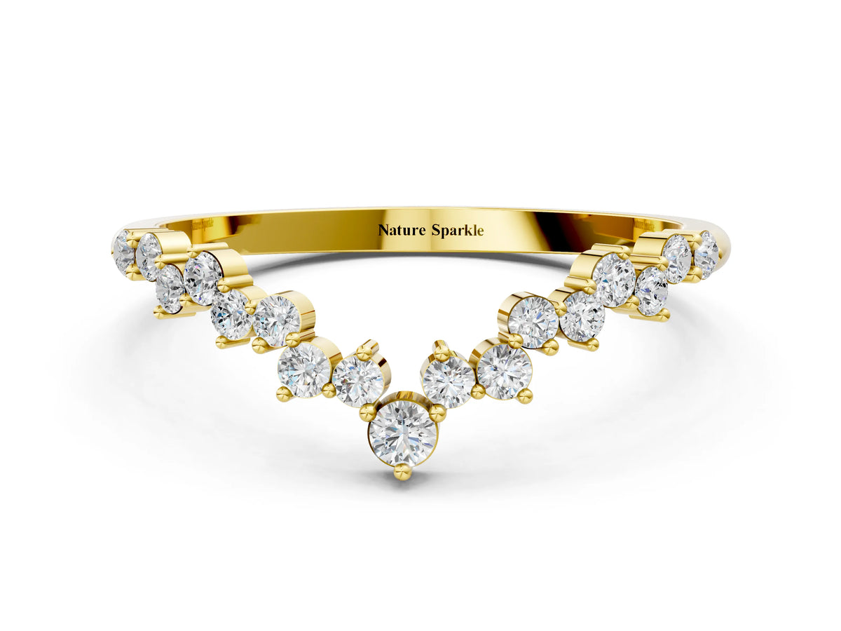 Yellow gold V-Shaped Diamond Cluster Curved Band with Round Brilliant Cut Stones and Prong Setting