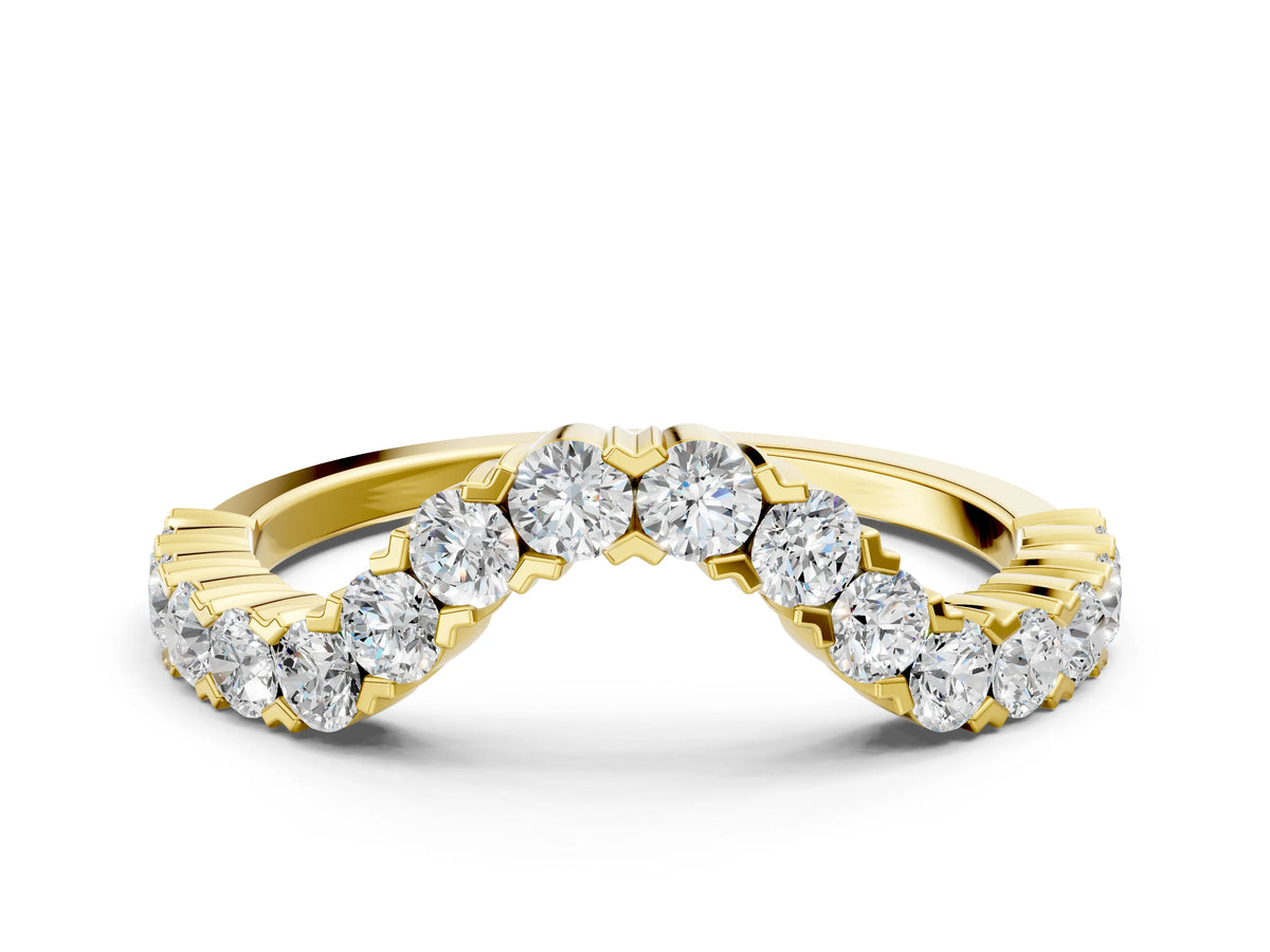 Yellow gold V-Shaped Diamond Round Cut Pavé Band with Prong Setting