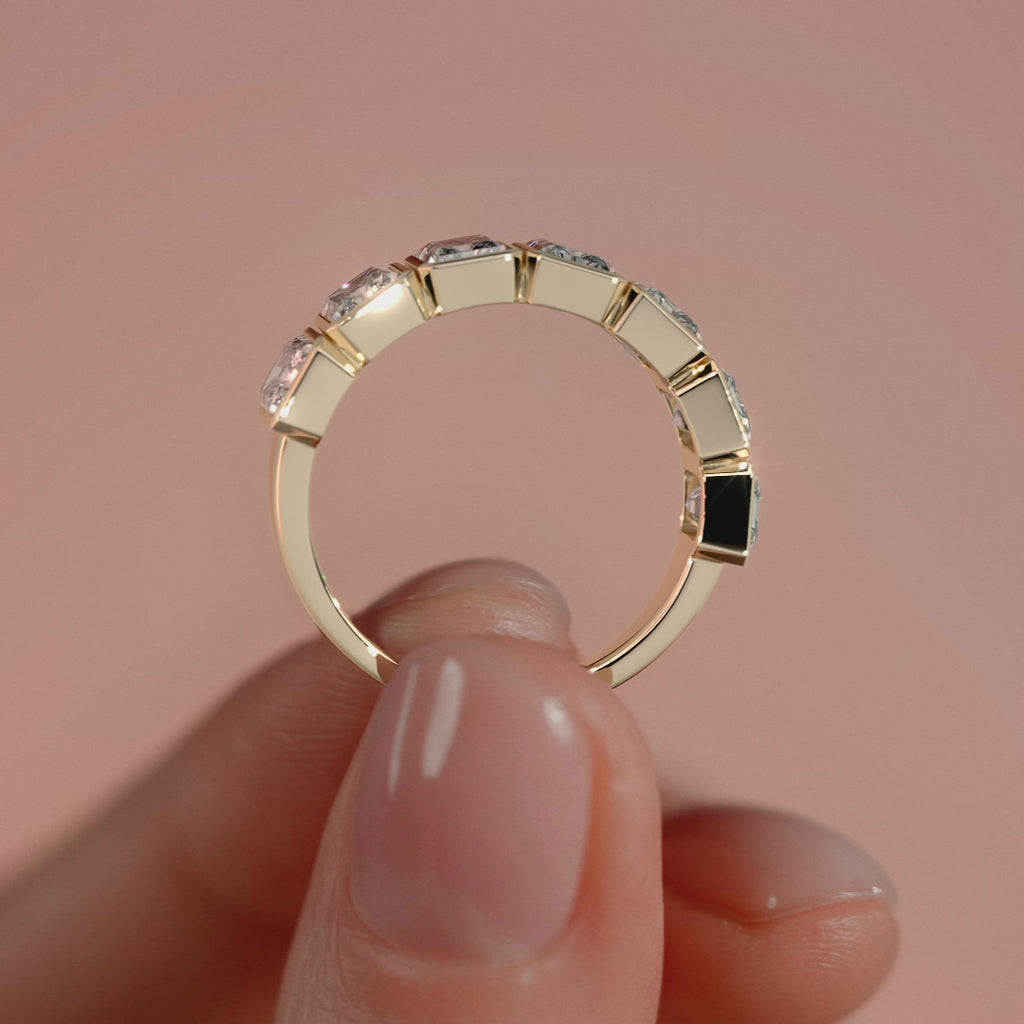 Yellow gold Radiant Diamond Half Eternity Bezel Wedding Band